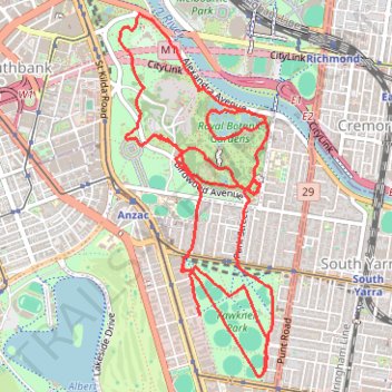 Fawkner Park and Royal Botanic Gardens loop walk trail, distance, elevation, map, profile, GPS track