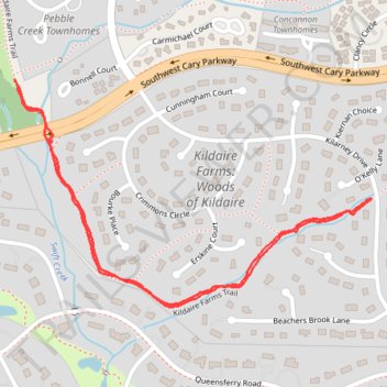 Walk back and forth on a section of the Kildaire Farms Greenway Trail trail, distance, elevation, map, profile, GPS track