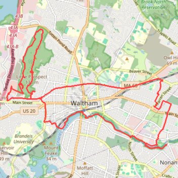 Charles River Greenway, Prospect Hill and Waltham Wayside Trail loop trail, distance, elevation, map, profile, GPS track
