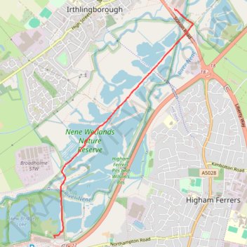 Walk from Irthlingborough to Rushden Lakes in Nene Wetlands Nature Reserve trail, distance, elevation, map, profile, GPS track