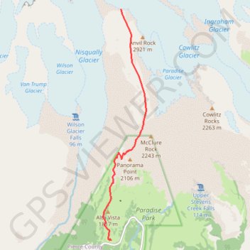 Camp Muir via Syline Trail and Camp Muir Route in Mount Rainier National Park trail, distance, elevation, map, profile, GPS track