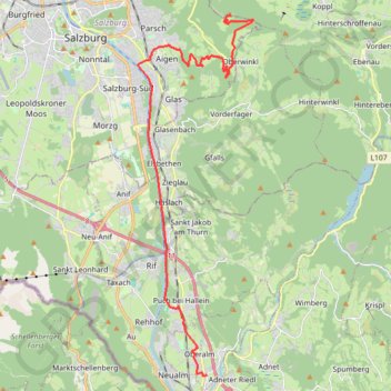 Route von Oberalm nach/zu Gaisberg (1287 m) trail, distance, elevation, map, profile, GPS track