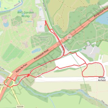 Wisley Airfield & Lane trail, distance, elevation, map, profile, GPS track