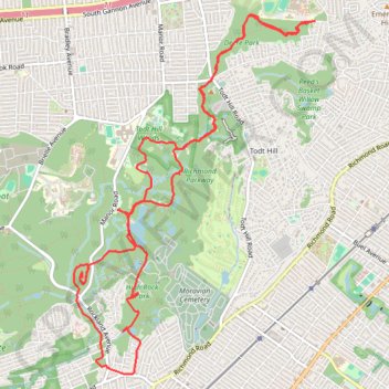 Staten Island loop run via Deere Park, Todt Hill Woods, Ohrback Lake, High Rock Park and Paulo's Peak trail, distance, elevation, map, profile, GPS track